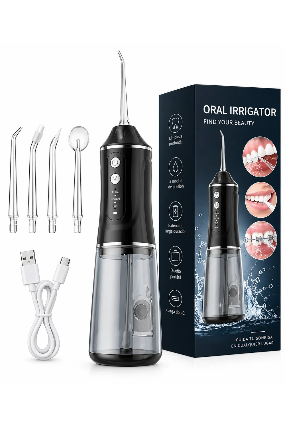 Irrigador Bucal Dental Inalámbrico Recargable 380ml A18 Negro