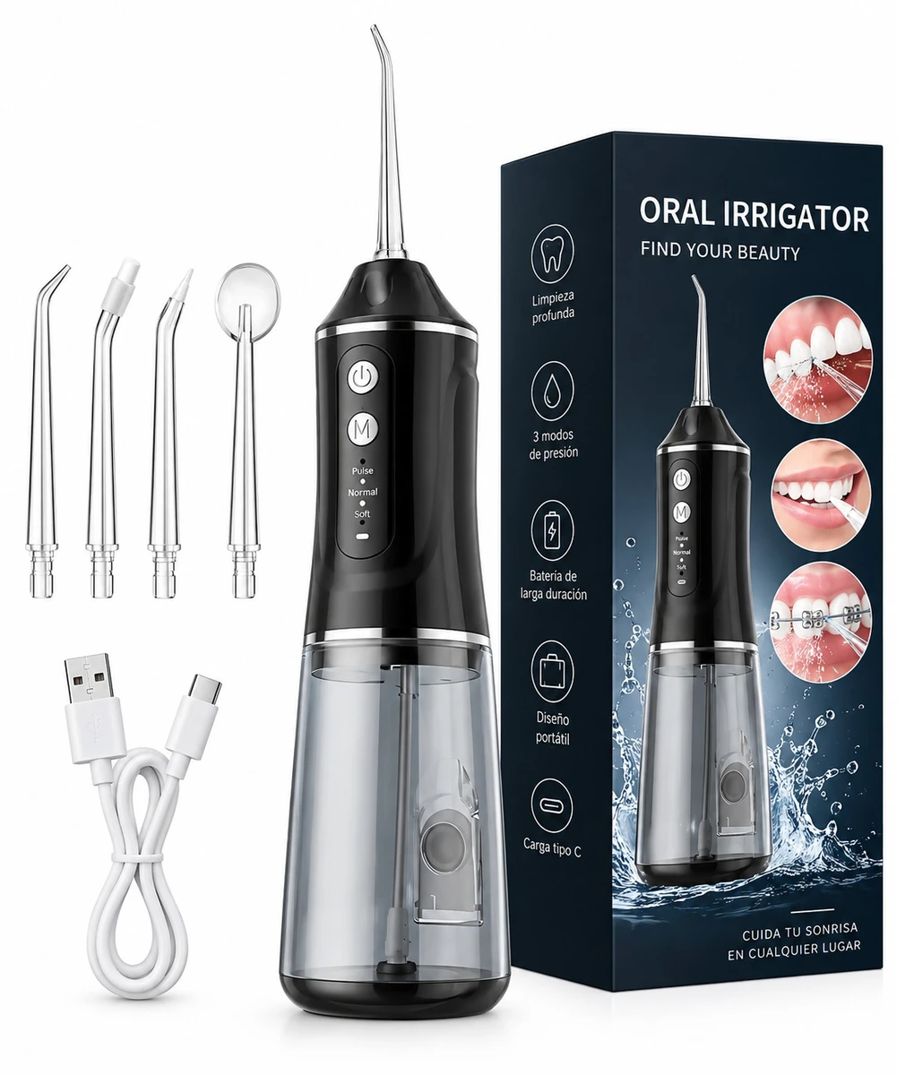 Irrigador Bucal Dental Inalámbrico Recargable 380ml A18 - Negro 