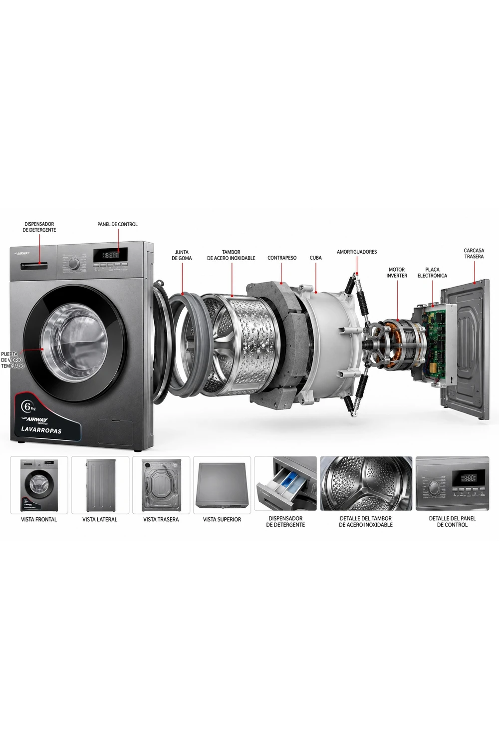 Lavarropas 6kg Airway Silver Inverter Carga Frontal Lavarropas 6kg Airway Silver Inverter Carga Frontal