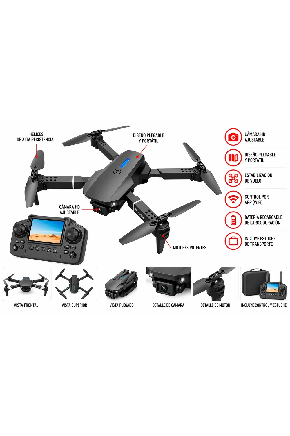Drone E88 Pro 1080p Cámara Hd Profesional Plegable Rotación 360 Negro