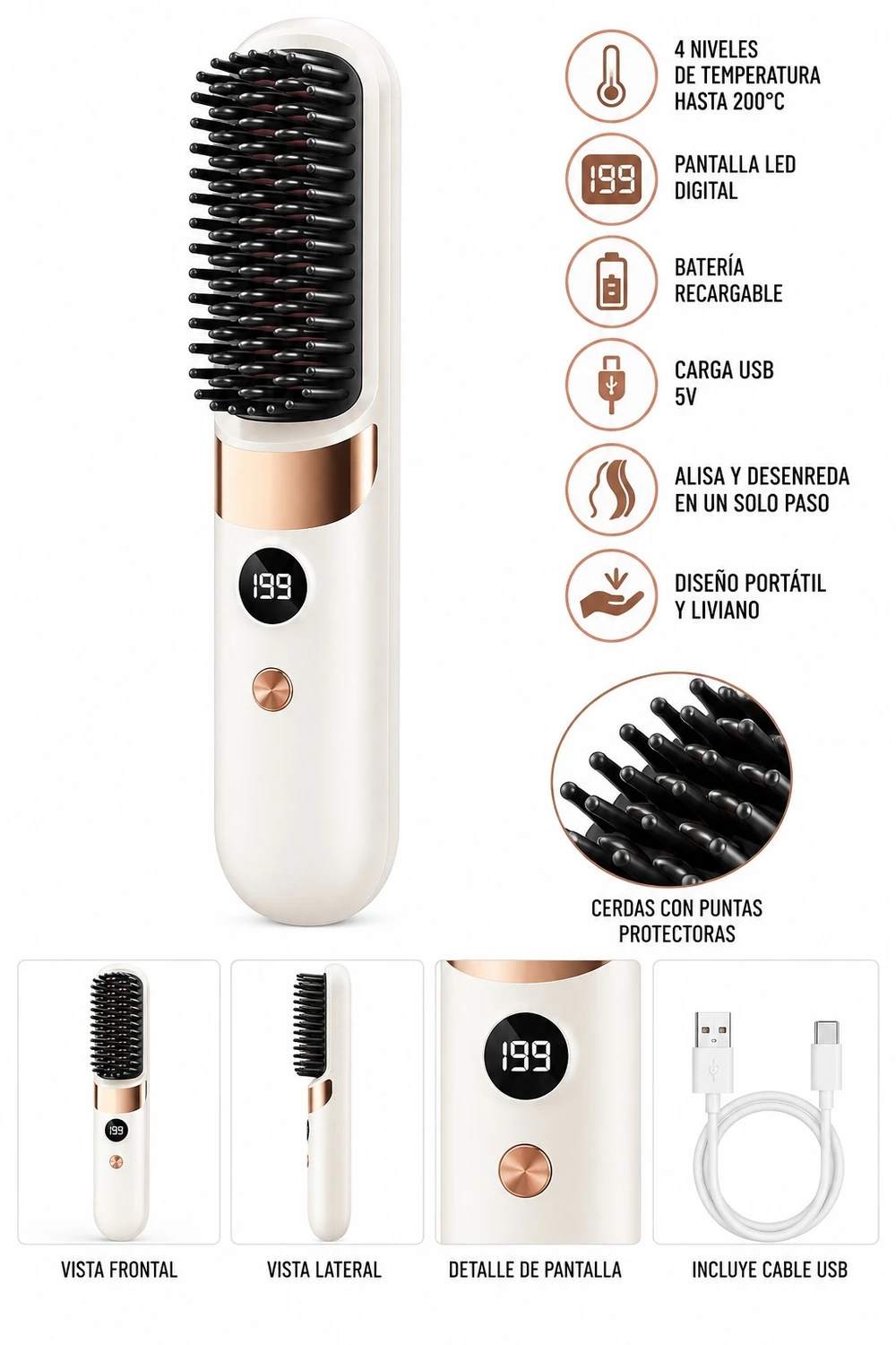 Peine Planchita Alisador Pelo Recargable Portatil 200°c 35w Beige