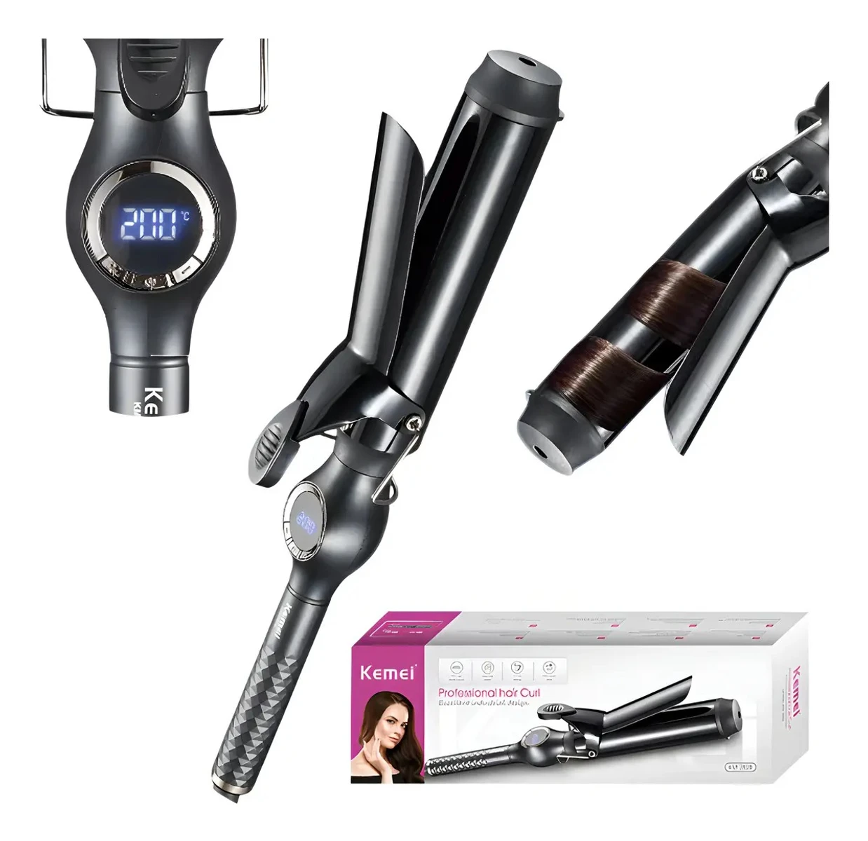 Rizador Buclera Profesional Kemei KM-2828 Cerámica 40mm Negro 