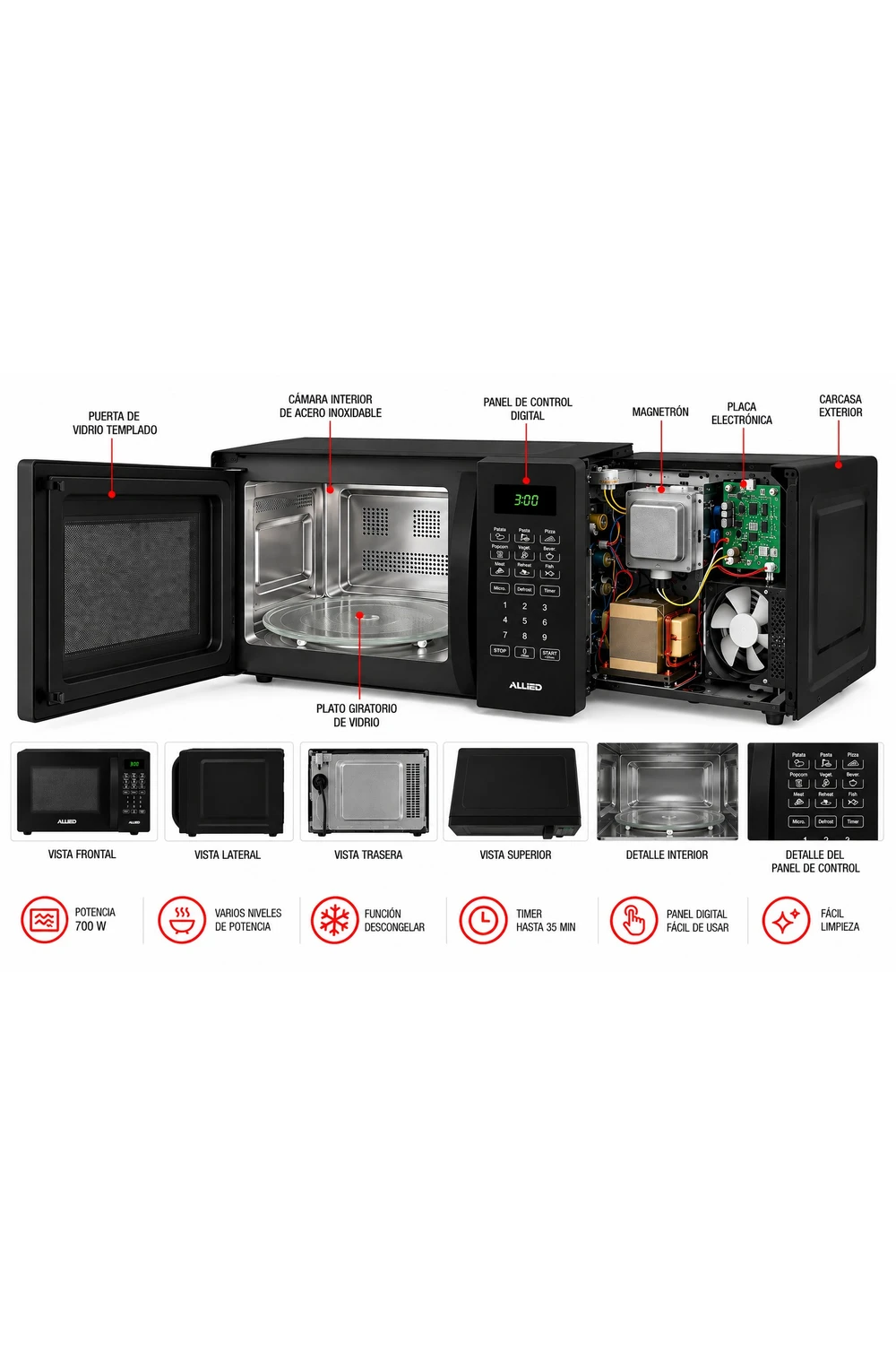 Microondas Digital 20l Allied Negro 700w Con Luz Interior Microondas Digital 20l Allied Negro 700w Con Luz Interior