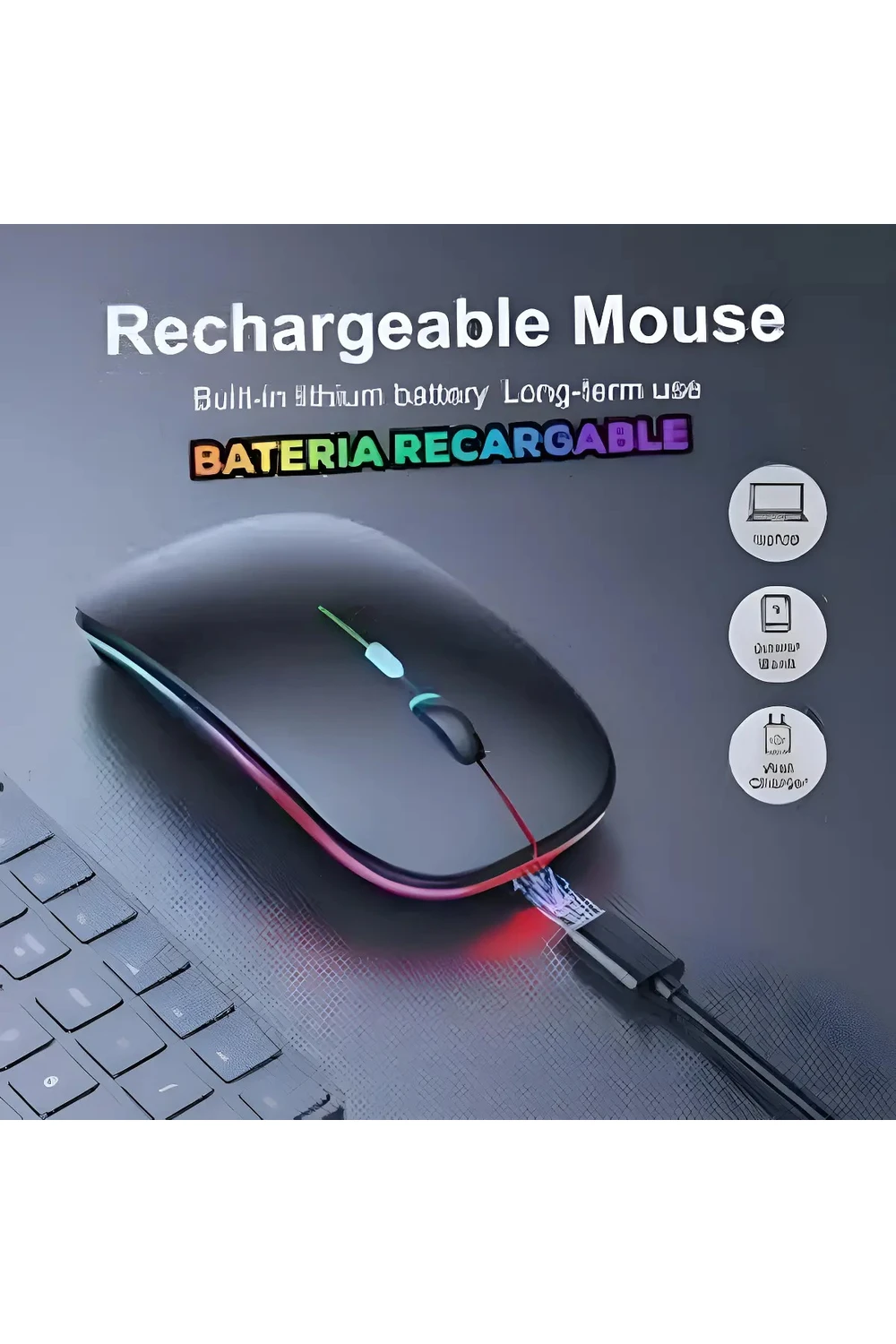 Mouse Inalámbrico Recargable Bluetooth Led Rgb Pc Tablet GRIS OSCURO