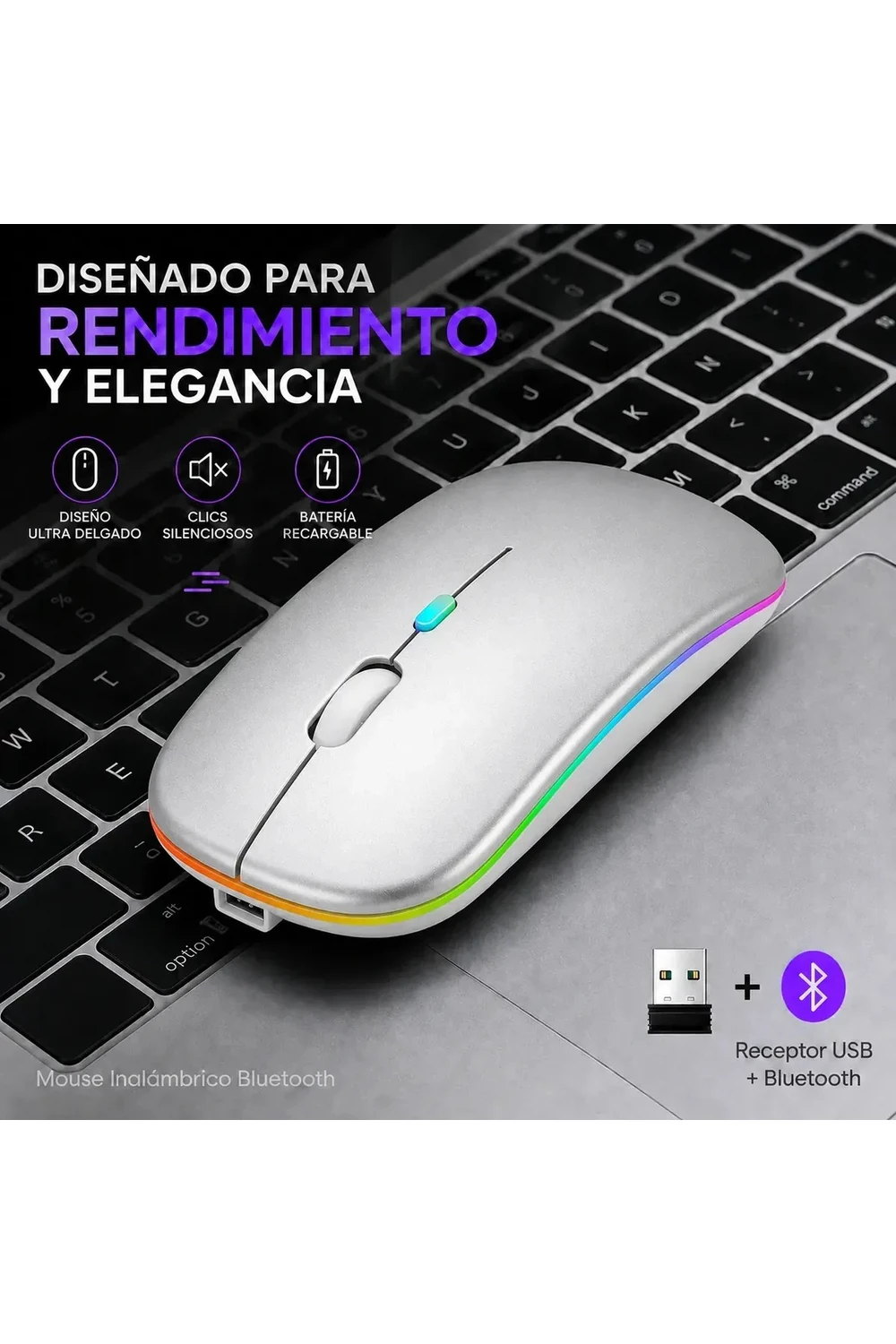 Mouse Inalámbrico Recargable Bluetooth Led Rgb Pc Tablet GRIS