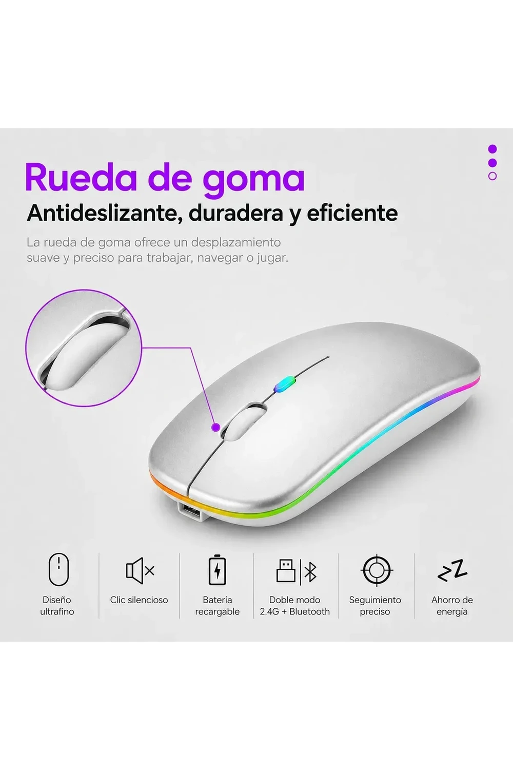 Mouse Inalámbrico Recargable Bluetooth Led Rgb Pc Tablet GRIS