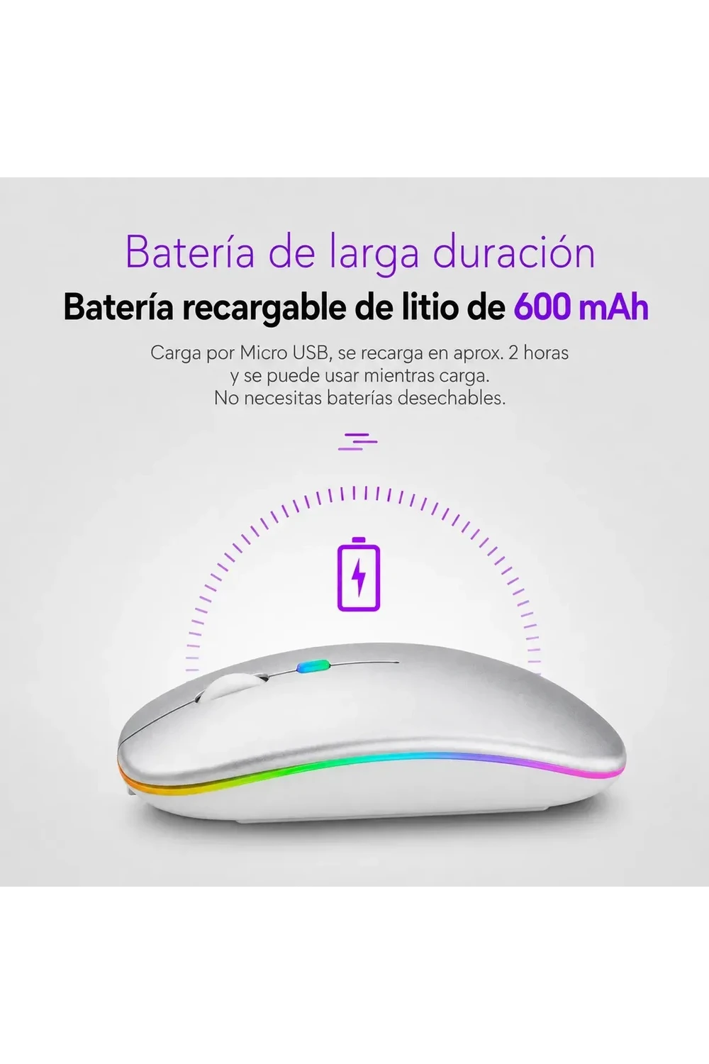 Mouse Inalámbrico Recargable Bluetooth Led Rgb Pc Tablet GRIS