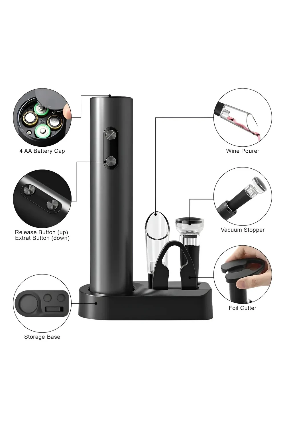 Destapador De Vino Sacacorchos Eléctrico Portátil Kit 5 Piezas En Caja Destapador De Vino Sacacorchos Eléctrico Portátil Kit 5 Piezas En Caja