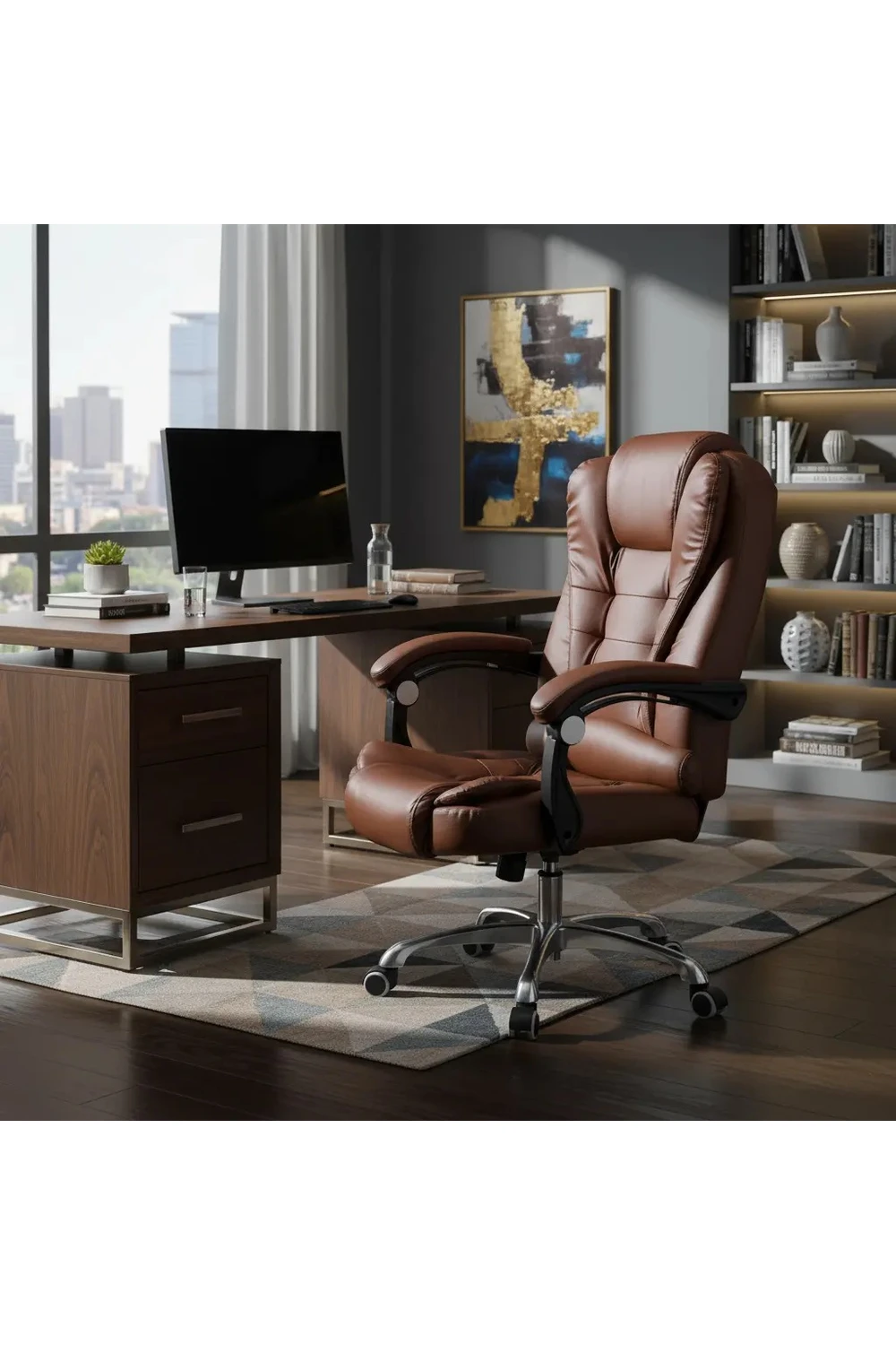 Silla De Oficina Ejecutiva Escritorio Ruedas Eco Cuero 360° MARRÓN