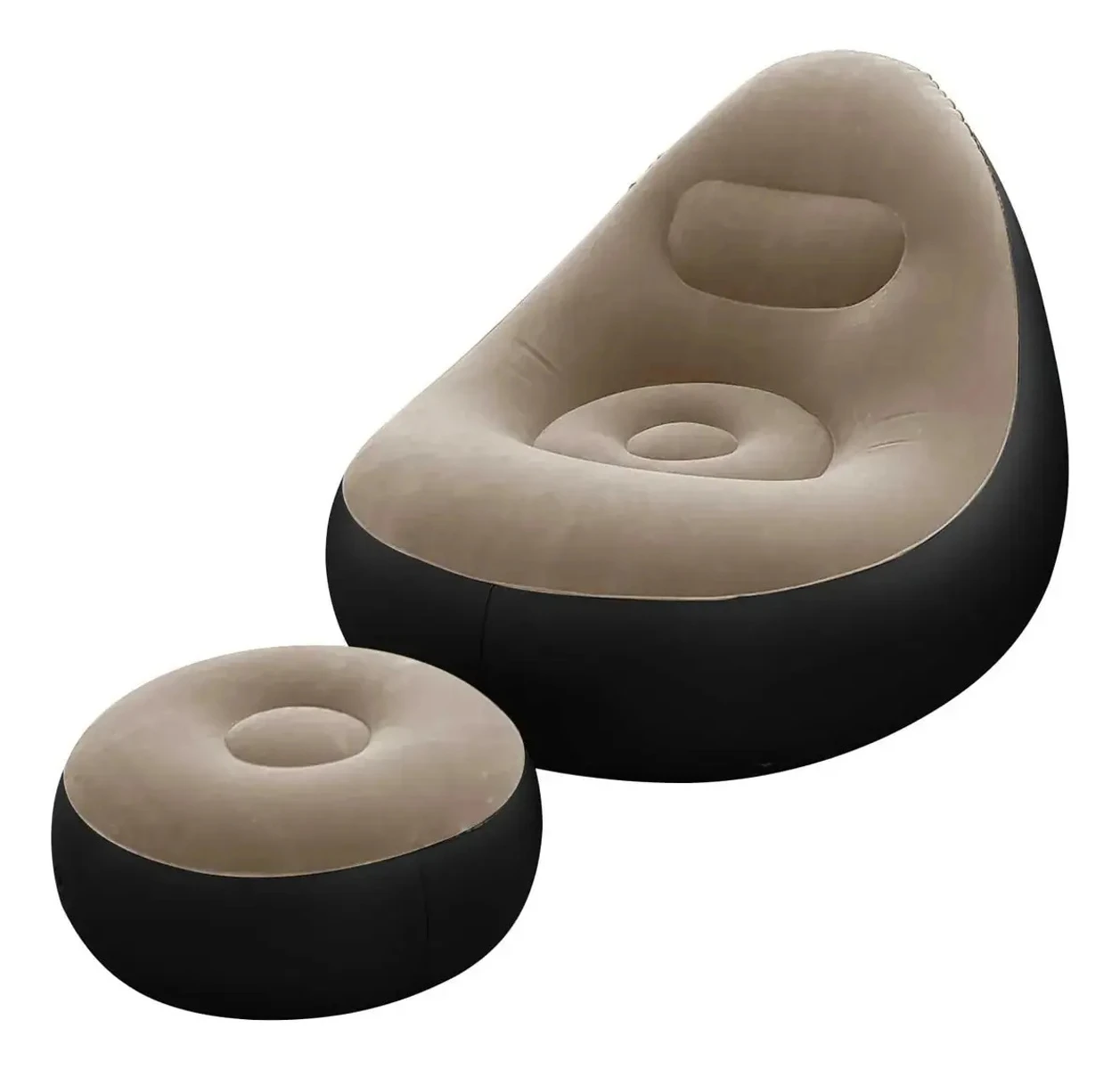 Sillon Inflable Sofa Tipo Puff + Apoya Pies Inflador Cómodo - NEGRO-BEIGE 