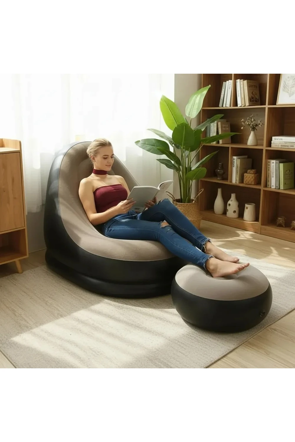 Sillon Inflable Sofa Tipo Puff + Apoya Pies Inflador Cómodo NEGRO-BEIGE