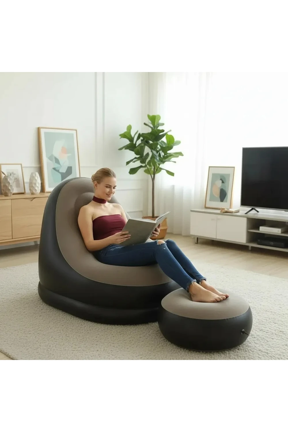 Sillon Inflable Sofa Tipo Puff + Apoya Pies Inflador Cómodo NEGRO-BEIGE