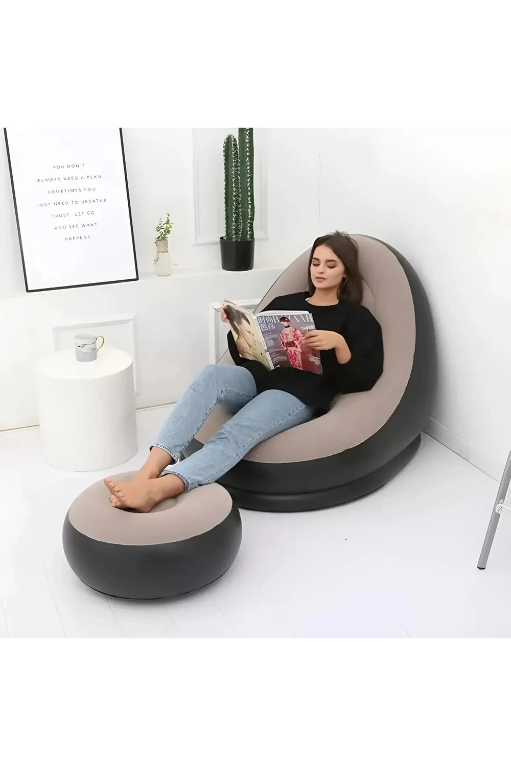 Sillon Inflable Sofa Tipo Puff + Apoya Pies Inflador Cómodo NEGRO-BEIGE