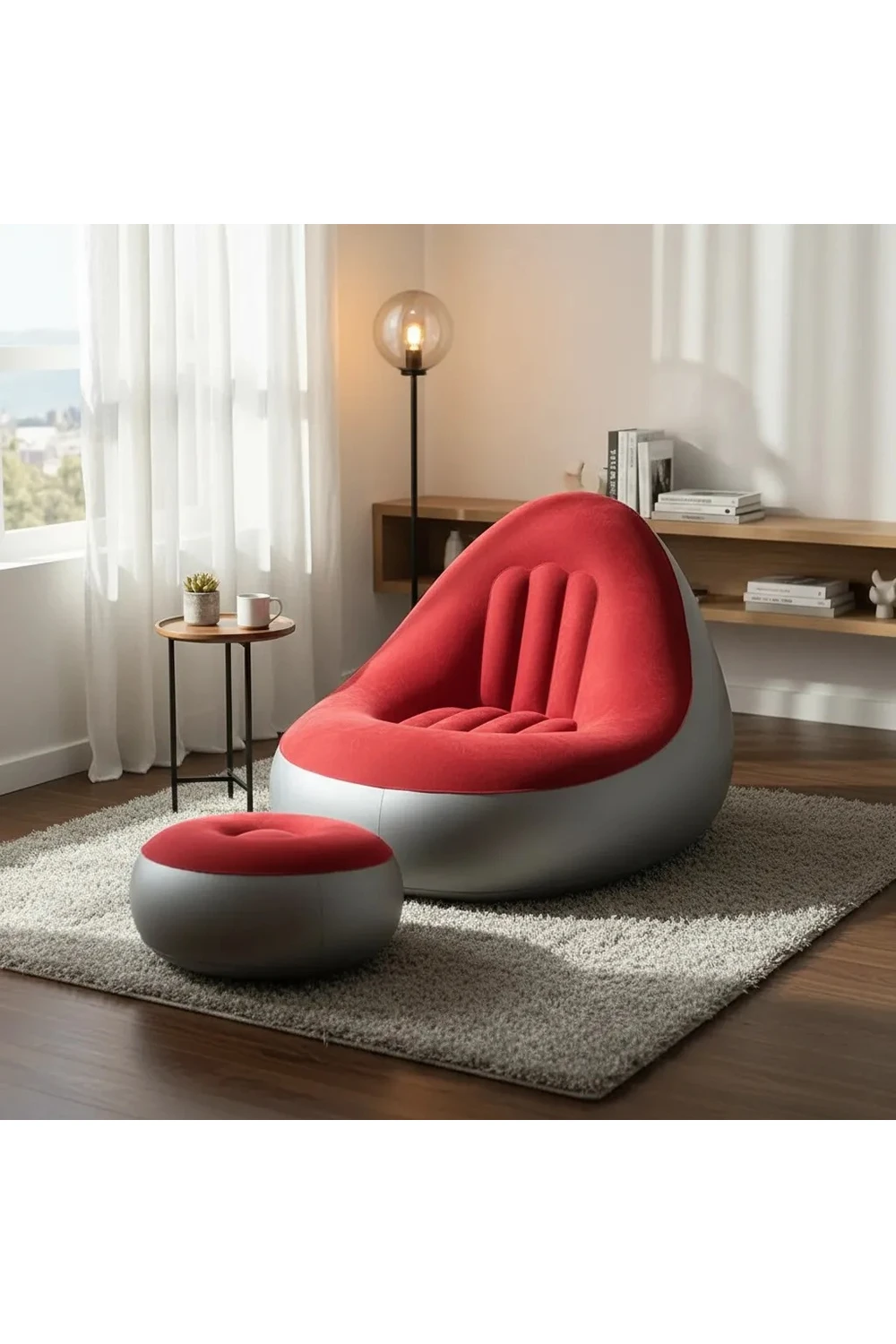 Sillon Inflable Sofa Tipo Puff + Apoya Pies Inflador Cómodo ROJO-GRIS