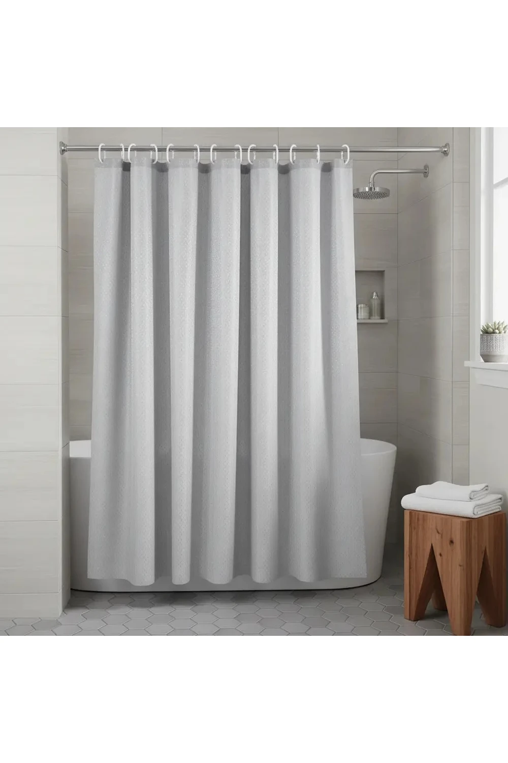 Cortina De Baño Tela Antihongos 180x180cm 12 Ganchos Impermeable Gris