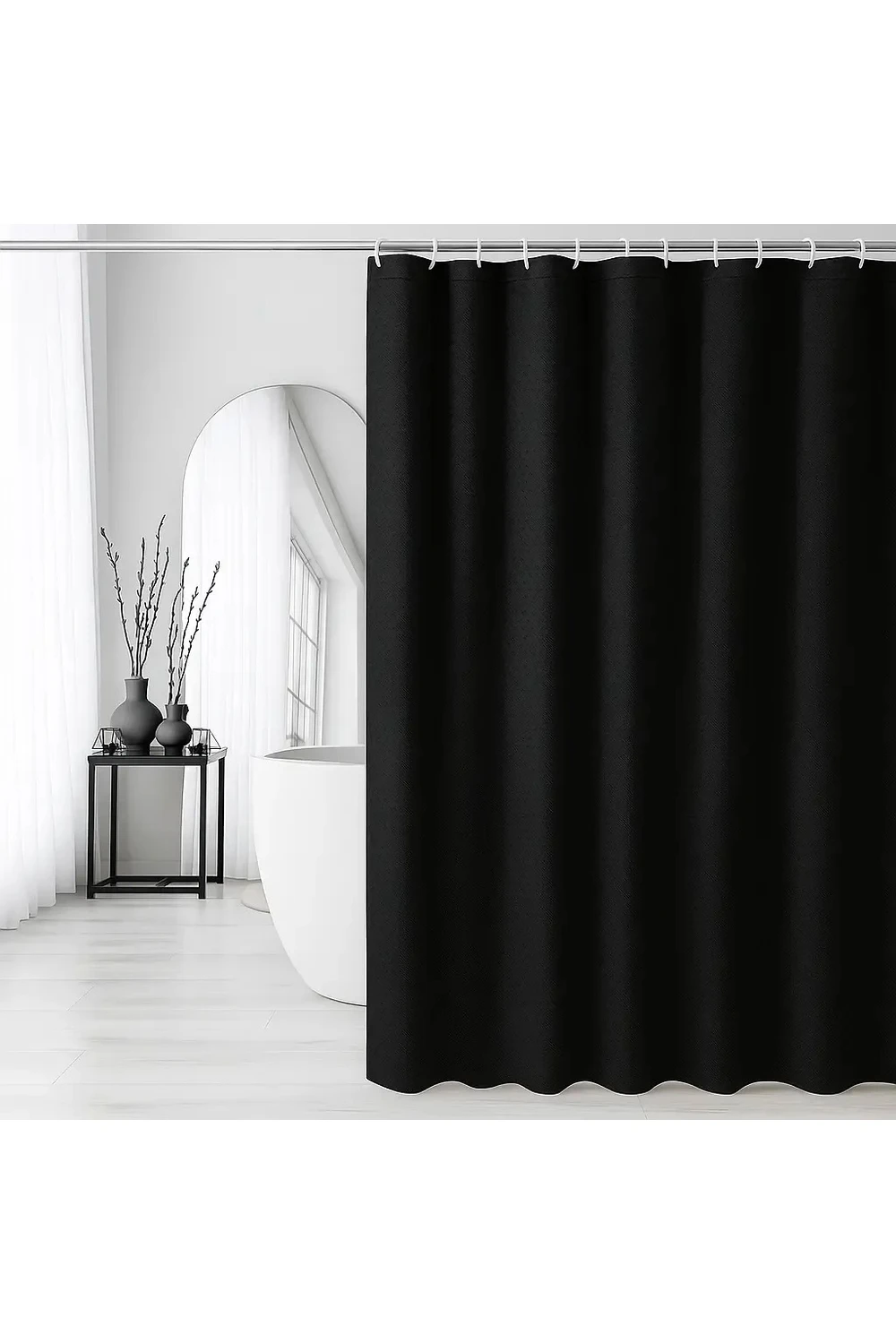 Cortina De Baño Tela Antihongos 180x180cm 12 Ganchos Impermeable Negra