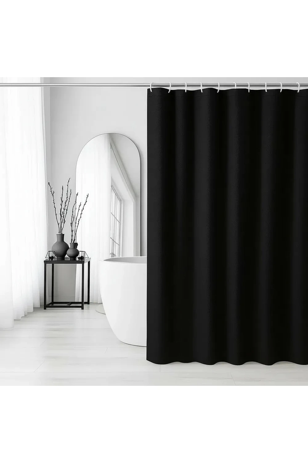 Cortina De Baño Tela Antihongos 180x180cm 12 Ganchos Impermeable Negra