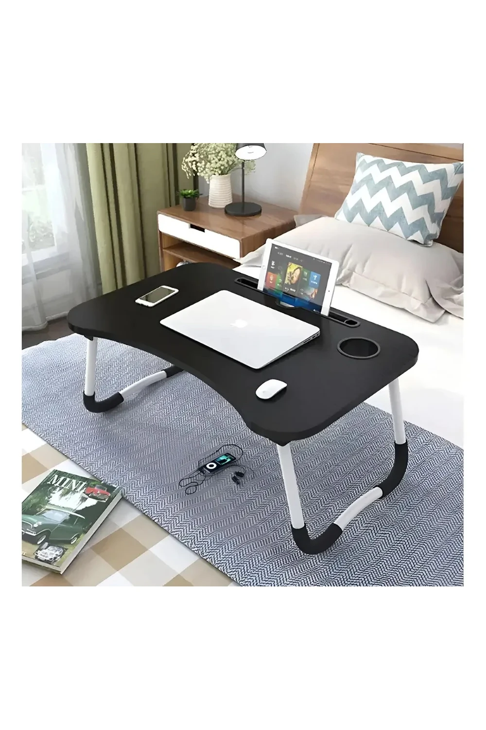 Mesa Plegable Para Notebook Tablet + Porta Vaso Desayunador Negra