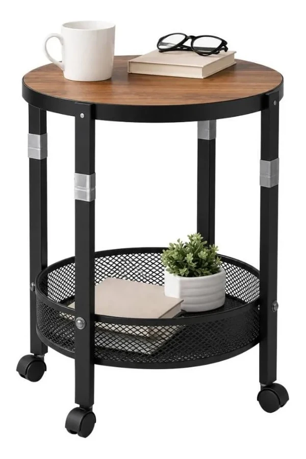 Mesa Auxiliar Ratona Redonda + Ruedas Cesta Metalica Madera Mesa Auxiliar Ratona Redonda + Ruedas Cesta Metalica Madera