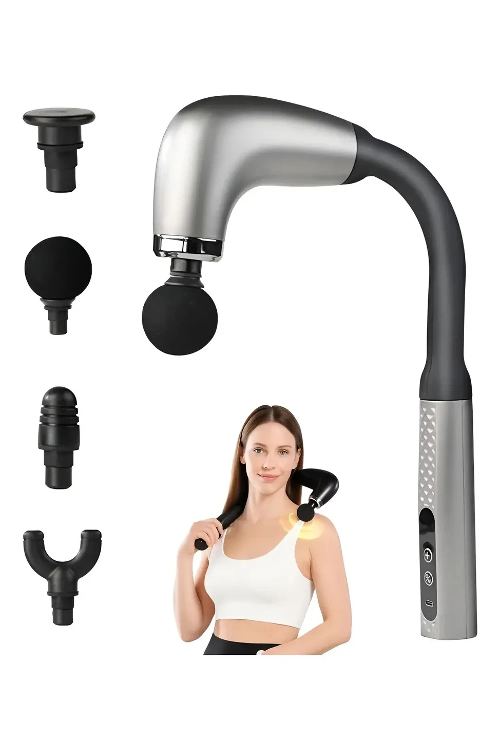 Masajeador Tipo Pistola C/ Brazo Extensor Batería Recargable Gris