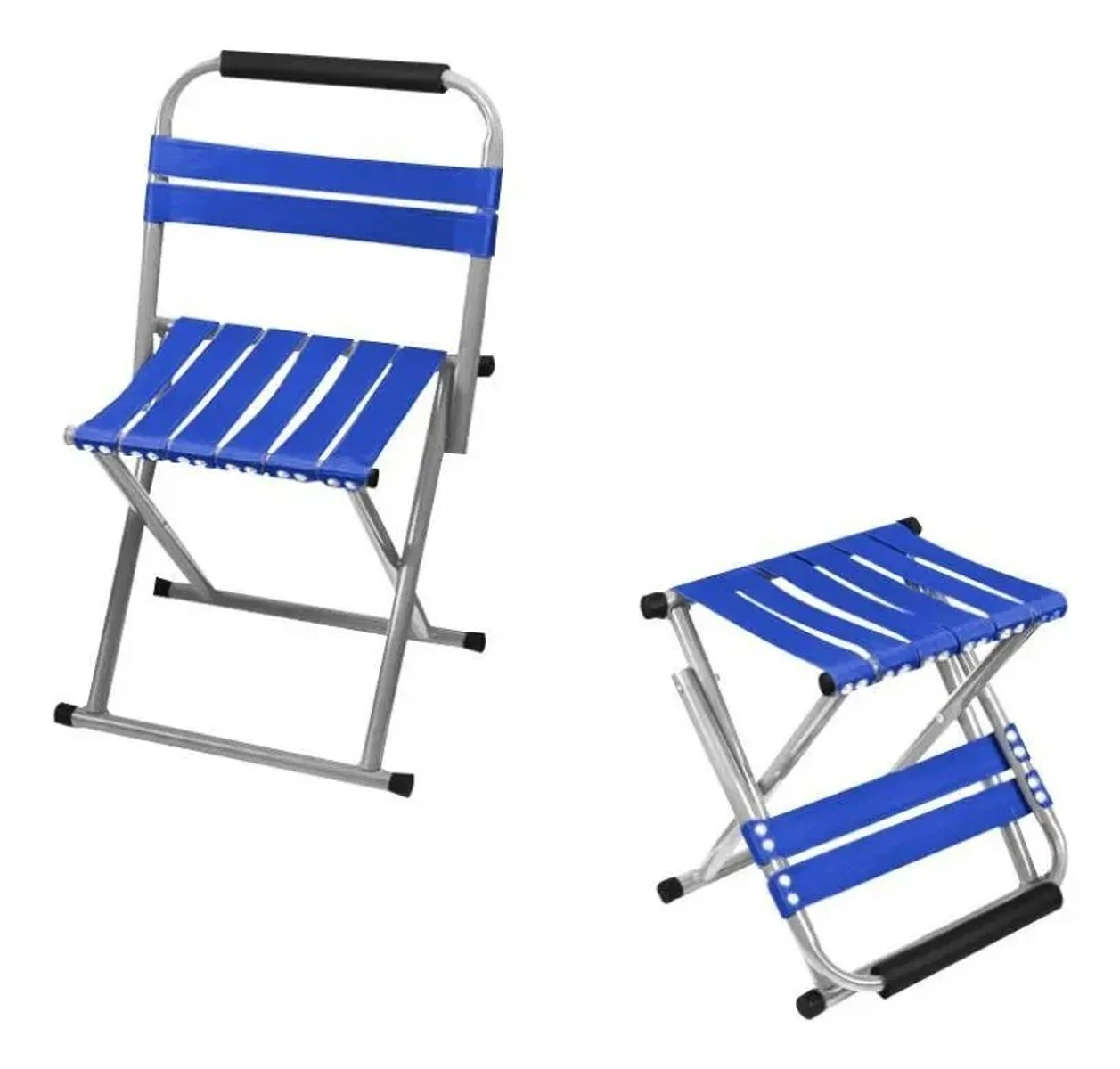 Silla Y Taburete Plegable Respaldo Acero Inox Camping Pesca - Azul 
