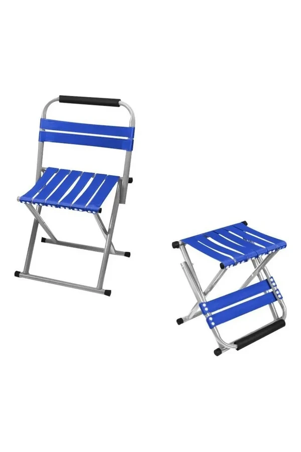 Silla Y Taburete Plegable Respaldo Acero Inox Camping Pesca Azul