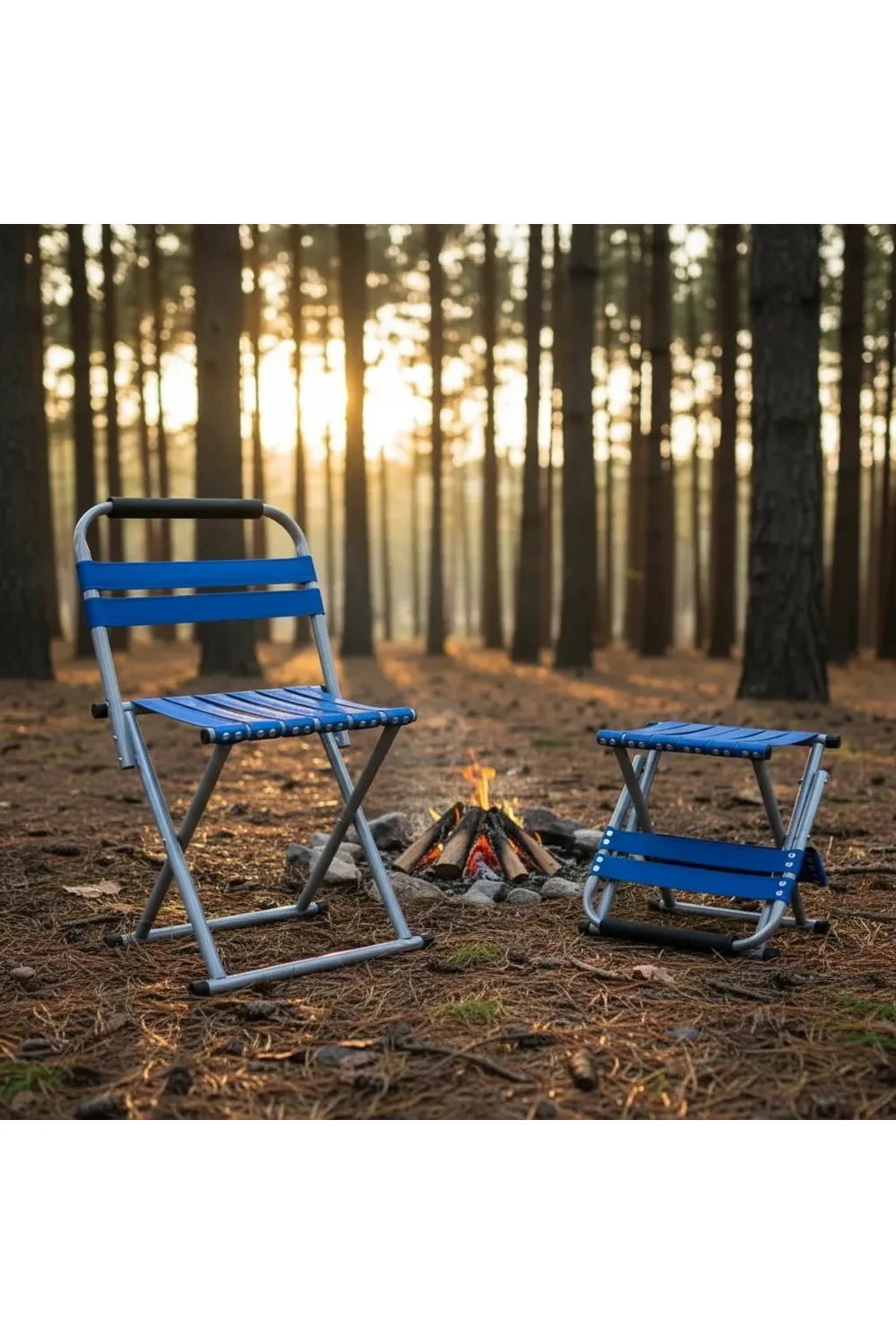 Silla Y Taburete Plegable Respaldo Acero Inox Camping Pesca Azul