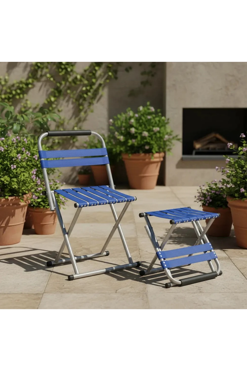 Silla Y Taburete Plegable Respaldo Acero Inox Camping Pesca Azul