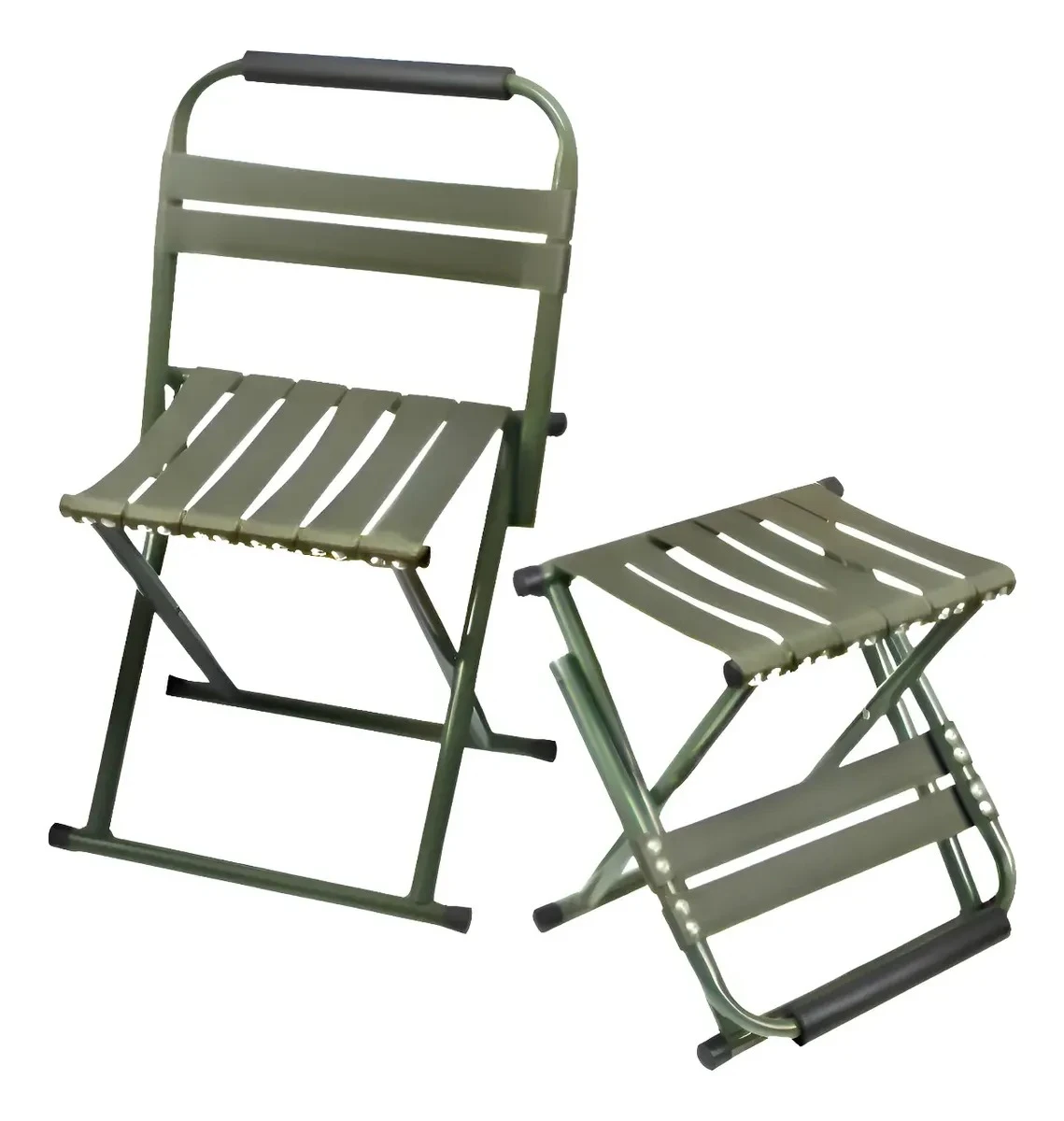 Silla Y Taburete Plegable Respaldo Acero Inox Camping Pesca - Verde Musgo 